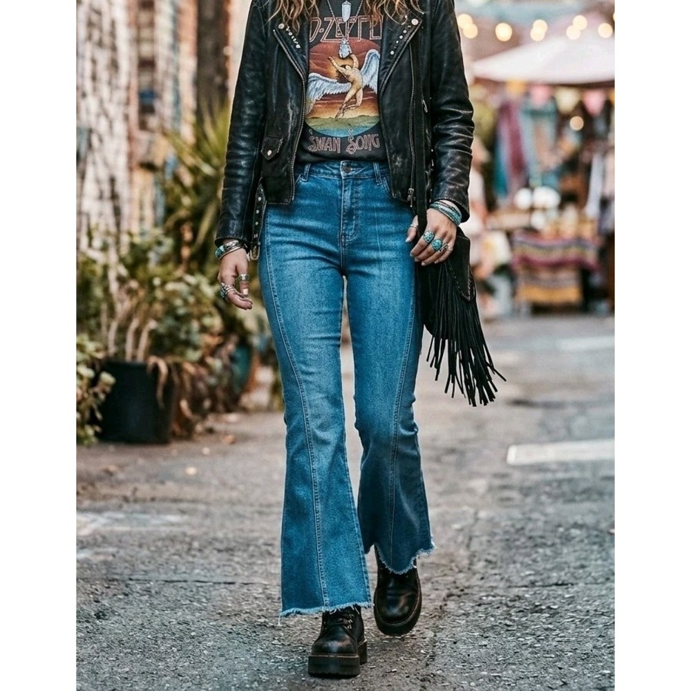 Allegra K Women's Vtg Vibes Bell Bottoms Flare High Waist Blue Jeans Size M 30